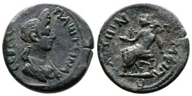 Macedon, Amphipolis, Plotina (wife of Trajan), 105-123 AD. AE (10,07 g.). CЄBACTH ΠΛѠTЄINA, draped bust of Plotina to right. Rev. AMΦIΠOΛITѠN, Tyche e...