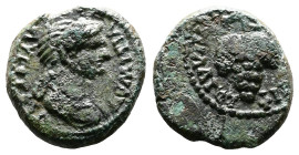 Lydia, Philadelphia, Domitia (wife of Domitian), 82-96 AD. AE (15mm, 2,68 g.). Lagetas, magistrate. ΔΟΜΙΤΙΑ ΑΥΓΟΥϹΤΑ draped bust to right. Rev. ЄΠΙ ΛΑ...