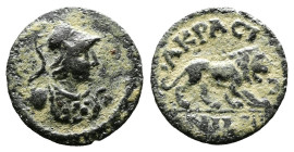 Lydia, Acrasus, Pseudo-autonomous, time of Severians, circa 2nd.-3rd. Century AD. AE (14mm, 1,19 g.). Cuirassed bust of Athena wearing crested helmet ...
