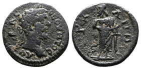 Lydia, Acrasus, Septimius Severus, 193-211 AD. AE (19mm, 2,91g.) AYTOKPA CEBHPOC. Laureate head right. Rev. AKPACIΩTΩN. Asklepios standing facing, hea...