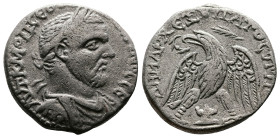 Phoenicia, Byblus, Macrinus, 217-218 AD. Billon Tetradrachm (24 mm, 11,76 g.). ΑΥΤΟΚ • Μ • ΟΠ CЄ ΜΑΚΡΙΝΟC CЄB Laureate, draped and cuirassed bust of M...