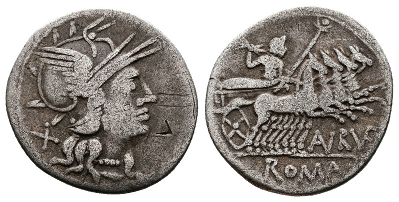 Aurelius Rufus, 144 BC. AR Denarius (20 mm, 3,55 g.). Rome. Head of Roma to righ...