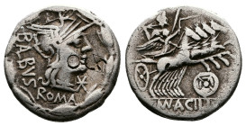 Man. Acilius Balbus, 125 BC. AR Denarius (18 mm, 3,74 g.), Rome. BALBVS ROMA Head of Roma to right, wearing winged helmet and pearl necklace; below ch...