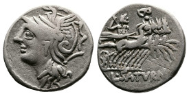 Lucius Appuleius Saturninus, 104 BC. AR Denarius (18 mm, 3,82 g). Rome. Head of Roma to left, wearing winged helmet and pearl necklace. Rev. L•SATVRN ...