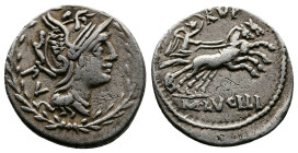 M. Lucilius Rufus, 101 BC. AR Denarius (21 mm, 3,82 g.), Rome. PV Head of Roma to right, wearing winged helmet and pearl necklace; all within laurel w...
