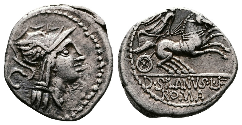 Republican D Junius Silanus, 91 BC. AR denarius (17,2 mm. 3,6 g). Rome. Helmeted...