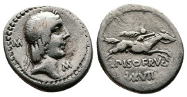 L. Calpurnius Piso Frugi, 90 BC. AR Denarius (19mm, 3,81g.). Rome. Laureate head of Apollo to the right, behind and in front of it control mark M. Rev...