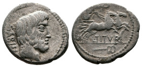 L Titurius L.f. Sabinus, 89 BC. AR Denarius (19,5 mm. 3,8 g.). Rome. Bearded head of King Tatius right, SABIN behind head. Rev. Victory, holding wreat...