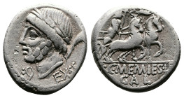 L. and C. Memmius L. f. Galeria, 87 BC. AR Denarius (18mm, 4,06). Rome, 87 BC. Laureate head of Saturn to left; harpa behind, control letter Q beneath...