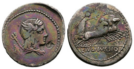L. Julius Bursio, 85 BC. AR Denarius (20 mm. 4,12 g.). Rome. Winged-laureate and draped bust of Apollo Vejovis right, hair in formal curls, trident an...