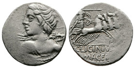 C. Licinius L.f. Macer, 84 BC. AR Denarius (20 mm. 3,94 g.). Rome. Diademed bust of Vejovis left, holding thunderbolt, seen from the back. Rev. Minerv...