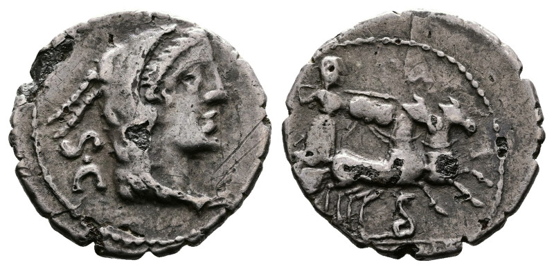 L. Procilius. 80 BC. AR Fourée Denarius serratus (18mm, 3,00 g.). Rome mint. Hea...