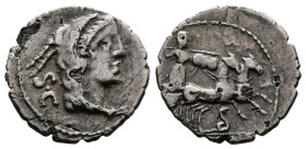 L. Procilius. 80 BC. AR Fourée Denarius serratus (18mm, 3,00 g.). Rome mint. Head of Juno Sospita right, wearing goat-skin headdress SC behind the hea...