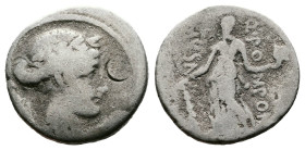 Q. Pomponius Musa, 56 BC. AR Denarius (17 mm, 3,41 g, ), Rome. Laureate head of Apollo to right; behind, scepter. Rev. Q•POMPONI / MVSA Melpomene, the...