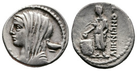 L. Cassius Longinus. 63 BC. AR Denarius (19 mm, 3.94 g.) Diademed and veiled head of Vesta left., below chin, L. In r. field, kylix. Rev. LONGIN·III·V...