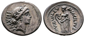 Man. Acilius Glabrio, 49 BC. AR Denarius (20 mm, 3.99 g.). Rome. SALVTIS Head of Salus to right, wearing laurel wreath, pendant earring and pearl neck...