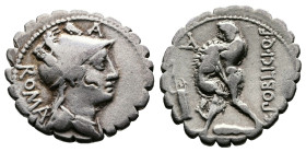 C. Poblicius Q. f. AR Denarius serratus (20 mm, 3,87 g.). Rome, 80 BC. Draped bust of Roma to right, wearing helmet ornamented with gryphon's head; be...