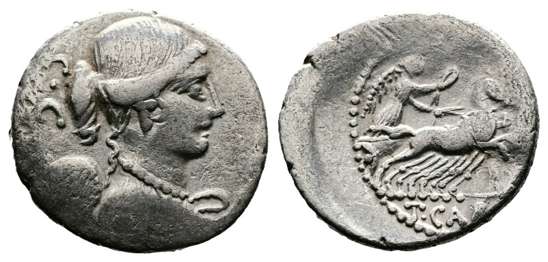 T. Carisius, 46 BC. AR Denarius (18mm. 3,6 g.). Rome. SC behind winged bust of V...