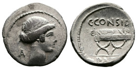 C. Considius Paetus, 46 BC. AR Denarius (19mm. 3,63 g.). Rome. Laureate head of Apollo right, A behind head. Rev. C CONSIDI above curule chair with wr...