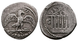 Petillius Capitolinus, 43 BC. AR Denarius (18 mm, 3,22 g.). Rome. PETILLIVS - CAPITOLINVS Eagle standing front on thunderbolt, wings spread and head t...