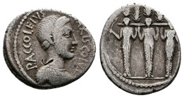 P. Accoleius Lariscolus, 43 BC. AR Denarius (19 mm, 3,61 g.). Rome. P ACCOLEIVS LARISCOLVS Bust of Diana Nemorensis to right. Rev. Triple cult statue ...