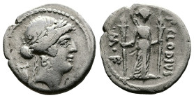 P. Clodius M.f. Turrinus, 42 BC. AR Denarius (19mm. 3,80g.), Rome. Laureate head of Apollo to right; behind, lyre. Rev. P•CLODIVS M•F• Diana standing ...