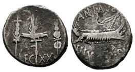 Marc Antony, 32-31 BC. AR Denarius (17mm. 3,54 g.). Military mint moving with Marc Antony. ANT AVG III VIR R P C, galley right with filleted sceptre o...