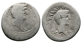 Marc Antony and Octavian AR Denarius (19mm, 3,07g.). Military mint travelling with Antony, autumn 41 BC. Bare head of Antony right; M•ANTON•IMP•III•VI...