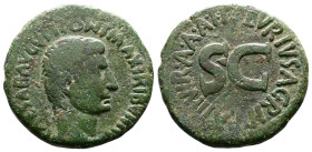 Augustus 27 BC-14 AD, AE As. (27mm, 12,75g.). Rome, 7 BC. P. Lurius Agrippa, moneyer. CAESAR AVGVST PONT MAX TRIBVNIC POT, bare head to right. Rev. P ...