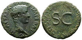 Tiberius, as Caesar, 14-37 AD. AE As (30mm, 10,13g.). Rome, 8-10 AD. TI CAESAR AVGVST F IMPERATOR V bare head of Tiberius right. Rev. PONTIFEX TRIBVN ...