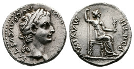 Tiberius, 14-37 AD. AR Denarius. (18 mm. 3,70 g.). Lyons mint. TI CAESAR DIVI AVG AVGVSTVS, laureate head right. Rev. PONTIF MAXIM, Livia, as Pax, hol...