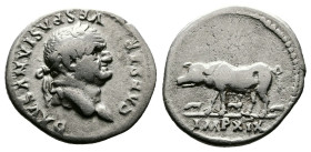 Vespasian, 69-79 AD. AR Denarius (19 mm, 3,22 g.), Rome. CAESAR VESPASIANVS AVG Laureate head of Vespasian to right. Rev. IMP XIX Sow to left, three p...
