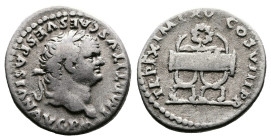 Titus, 79-81 AD. AR Denarius (17 mm, 3,30 g.). Rome, January-June 80 AD. IMP TITVS CAES VESPASIAN AVG P M (legend partialy retrograde) Laureate head o...