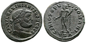 Galerius, 293-305 AD. AE Follis. (28 mm, 10,20 g.). Thessalonica, 298-299 AD. GAL VAL MAXIMIANVS NOB CAES, laureate head of Galerius right. Rev. GENIO...