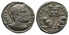 Licinius I, 308-324 AD. AE Follis ( 18mm, 2,88 g.). Siscia, 320 AD. IMP LICINIVS AVG Cuirassed bust of Licinius I to right, wearing crested Attic helm...