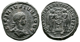 Licinius II, as Caesar, 317-324 AD. Silvered Bronze Follis (17 mm, 2,90 g.). Ticinum, 319 AD. LICINIVS NOB C Laureate, draped, and cuirassed bust righ...