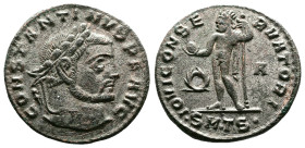 Constantine I the 'Great' 307/310-337 AD. Silvered Bronze Follis (23 mm, 5,16 g.). Thessalonica, 312 AD. CONSTANTINVS P F AVG, laureate head to Consta...