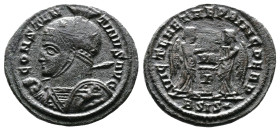 Constantine I the 'Great', 307/10-337 AD. AE Follis (20,5mm. 3,27 g.). Siscia. CONSTAN-TINVS AVG, helmeted, cuirassed bust left, holding spear over sh...
