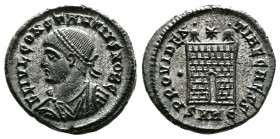 Constantine II, as Caesar, 316-337 AD. Silvered Bronze Follis (18mm, 3,45 m.). Heraclea, 325-326 AD. CONSTANTINVS IVN NOB C, laureate, draped and cuir...