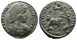 Constantius II, 337-361 AD. Silvered Bronze Centenionalis (22 mm, 5,94 g.). Constantinople, 348-351 AD. D N CONSTANTIVS P F AVG Pearl-diademed, draped...