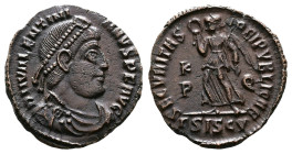 Valentinian I, 364-375 AD. AE Centenionalis (17 mm, 2,15 g.). Siscia, 367-375 AD. D N VALENTINI-ANVS P F AVG Pearl- diademed, draped and cuirassed bus...