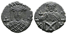 Constantine VI & Irene, 780-797 AD. AE Follis (17 mm, 2,21 g.). Constantinople, 792-797 AD. Facing bust of Irene, wearing crown and loros, holding glo...