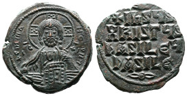 Basil II and Constantine VIII. 976-1028 AD. AE Class A2 Anonymous Follis. (27 mm. 11,0 g.). Constantinople. +EMMANOVHA, nimbate bust of Christ facing,...