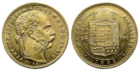 Hungary 20 Francs / 8 Forint 1882 KB- Kremnitz (6,47 g.). Franz Joseph I (1848-1916). Frühwald 1756.