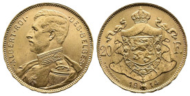 Albert I, 1909-1934, 20 Francs (21mm, 6,49 g.)., 1914. Brussels Mint. Fr-421; KM-78. Almost extremely fine.