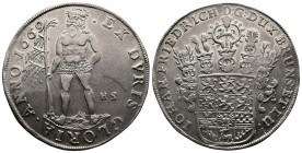 Braunschweig-Wolfenbüttel . Johan Friedrich, 1665-1679. Reichstaler (45mm, 29,5 g.). 1669, Zellerfeld. EX DURIS GLORIA ANNO 1669 Wildman holding a tre...