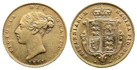 Victoria (1837-1901), gold Half Sovereign, 1871 die number 10 on reverse, second larger young head left, type A2, date below, VICTORIA DEI GRATIA, coa...