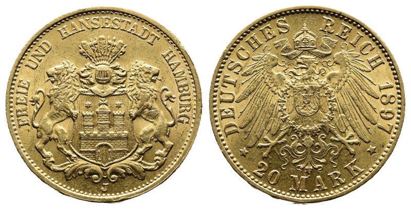 Hamburg, 20 Mark, 1897-J. (22mm, 7,99 g.). KM-618. Almost extremely fine.