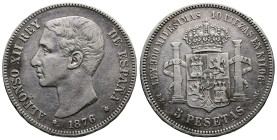 Alfonso XII (1874-1885). 5 Pesetas. (37,5mm, 24,7g.). ALFONSO XII REY DE ESPAÑA bare head of king Alfonso XII to left *18-76*. Rev. Madrid DEM. (Cal-2...