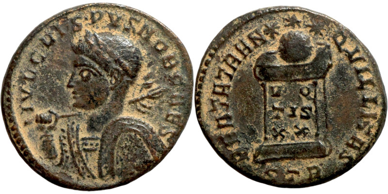 Crispus, as Caesar. Trier mint (321 AD). AE follis. Obv.: IVL CRISPVS NOB CAES, ...